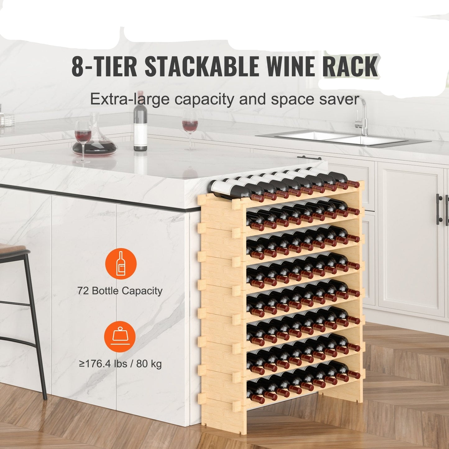 72 Bottle Stackable Modular Wine Rack Bamboo Wood Display Shelf 8-Tier