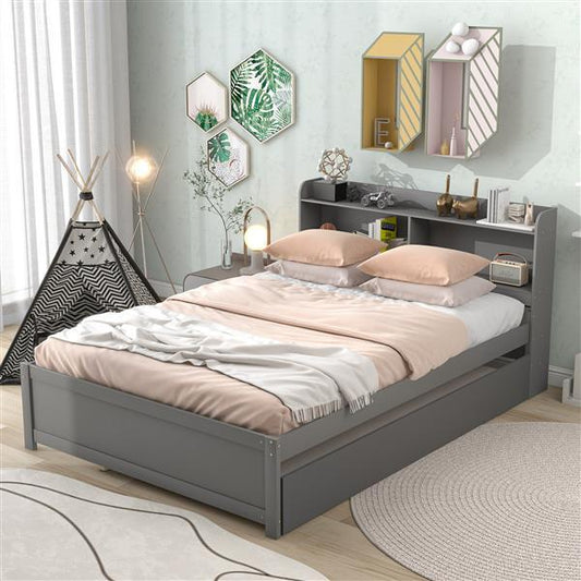 Double Bed With Roller Bed, Bookcase, Grey