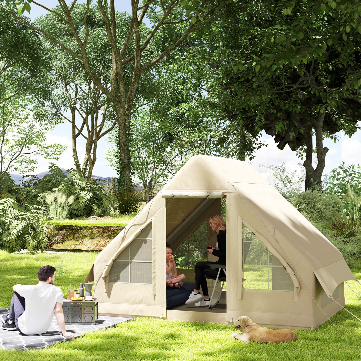 Inflatable Camping Tent With Hand Pump, 4 Season Blow Up Tent, Waterproof And Windproof With Mesh Windows And Doors