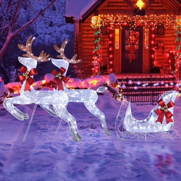 3-Piece Lighted Set Of 2 Reindeer & Sleigh, Weather Proof Christmas Outdoor Decorations With Pre-lit 270 LED White Lights And Stakes For Xmas Outdoor Holiday Indoor Decor Lighted Holiday Displays, Whi