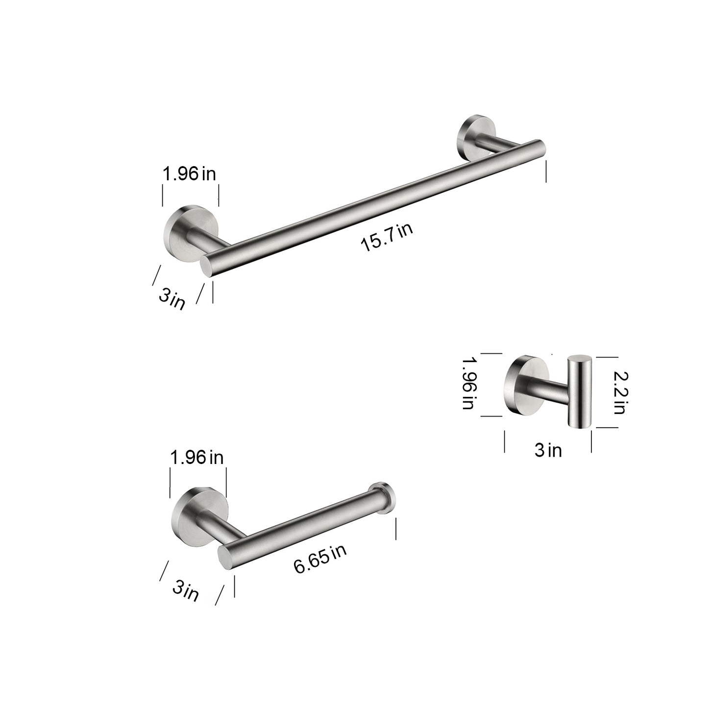 3-Pieces Bathroom Hardware Accessories Set - Towel Bar, Toilet Paper Holder, Robe Towel Hooks
