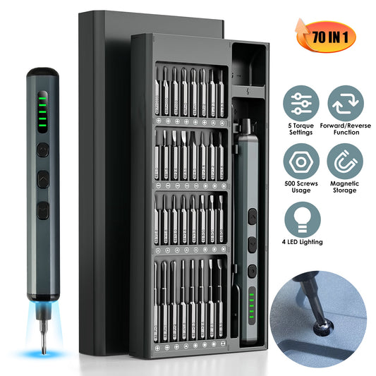 1Set 70 In 1 3.7V Mini Electric Screwdriver Kit Rechargeable Magnetic Repair Tool Kit With 5 Torque Settings 64 S2 Precision Bits 4 LED Lights For Phone Camera Laptop Watch Repair