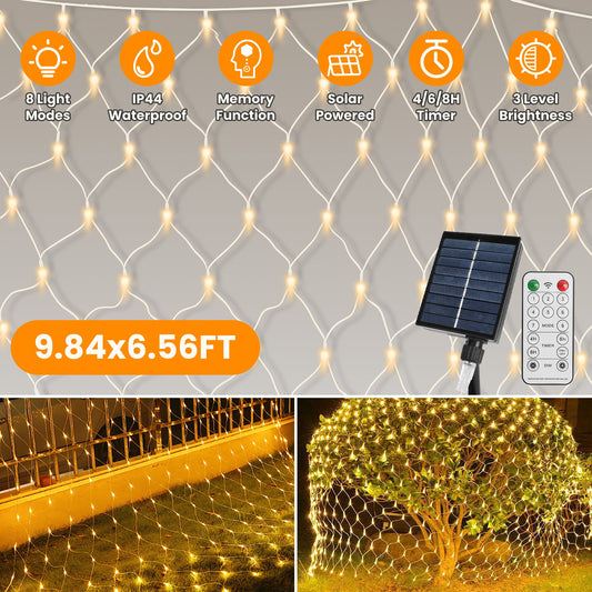 9.84x6.56FT 192LED Solar Christmas Net Lights Outdoor Bush Lights Dimmable IP44 Waterproof With 8 Modes Remote Timer Memory Function For Holiday Party Wedding Patio Garden
