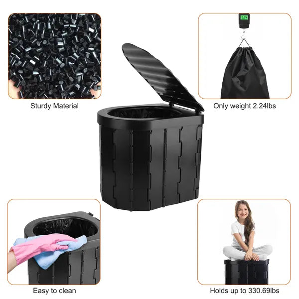 Portable Toilet Foldable Emergency Porta Potty With Lid Carry Bag 1 Roll Garbage Bags For Car Travel Camping Boating Hiking Cleanable Travel Commode