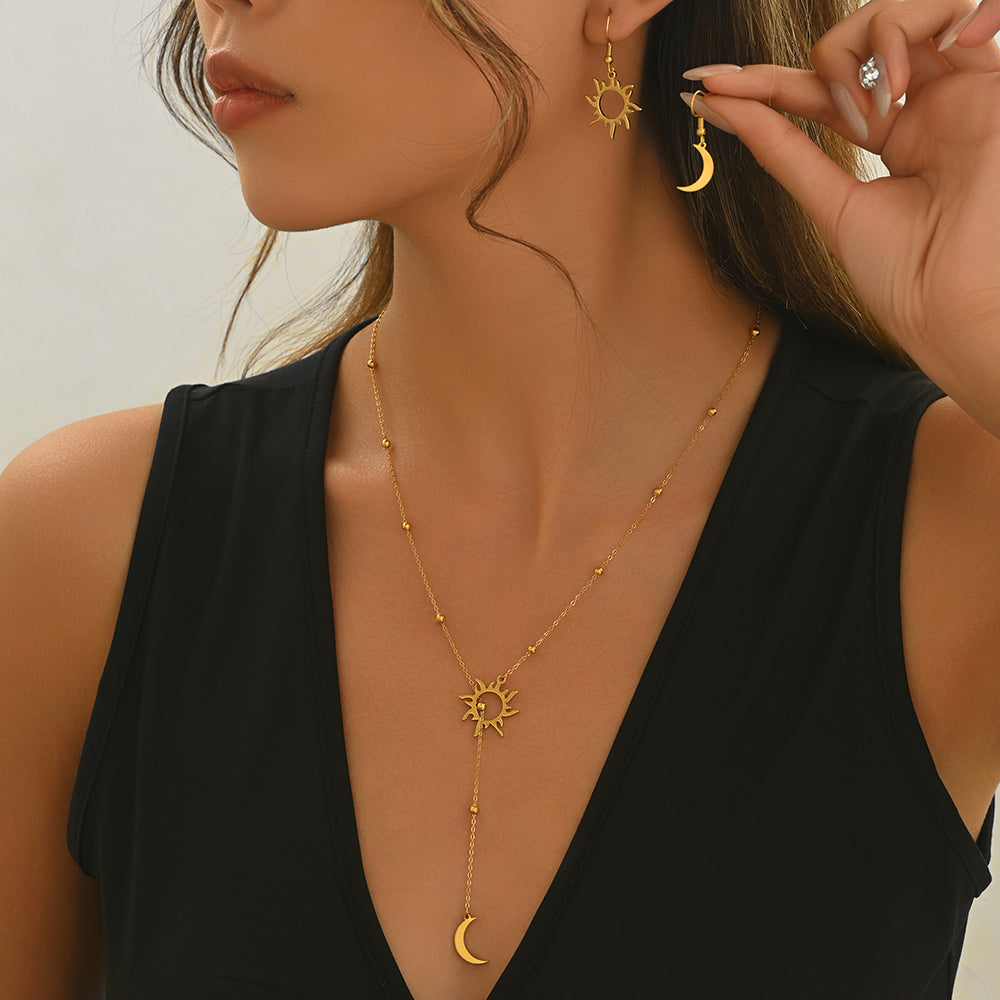 Lxalry 18K Gold Plated Stainless Steel Sun And Moon Pendant Necklace And Hoop Earrings Set For Women - Waterproof Hypoallergenic Jewelry Gift For Birthday Summer Wedding Daily Wear