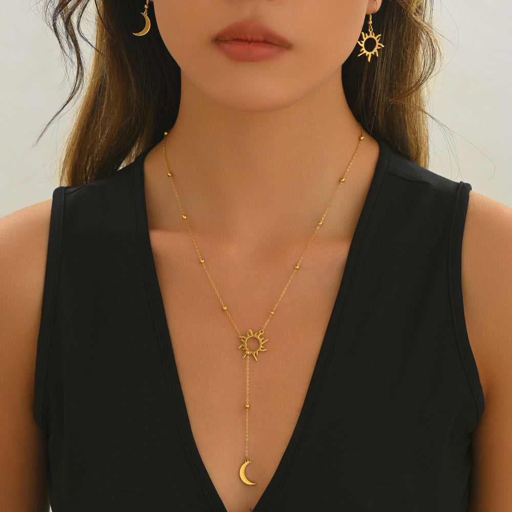 Lxalry 18K Gold Plated Stainless Steel Sun And Moon Pendant Necklace And Hoop Earrings Set For Women - Waterproof Hypoallergenic Jewelry Gift For Birthday Summer Wedding Daily Wear