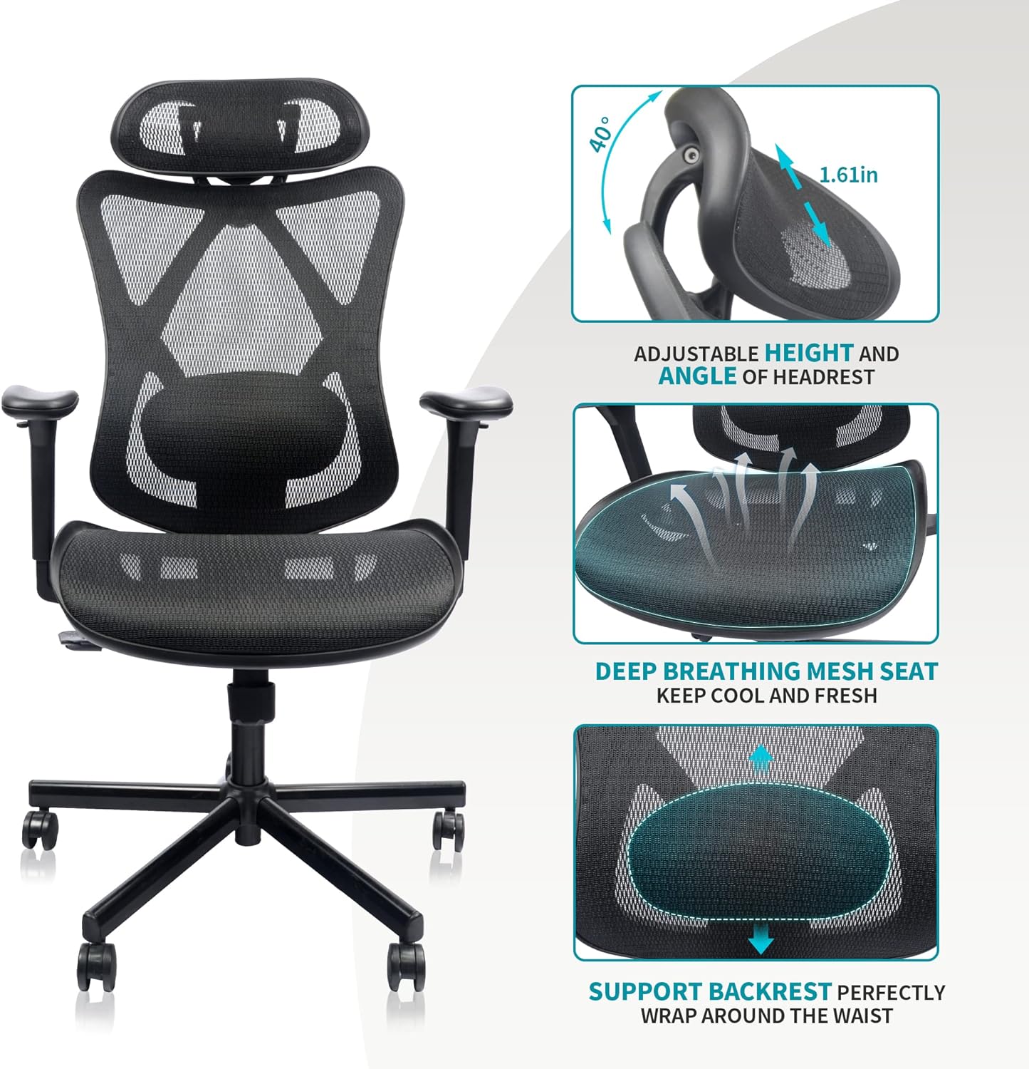 Mesh Office Chair, Ergonomic Office Chairs With Wheels, Adjustable Lumbar Support, Armrest,Headrest-Tilt High Back Desk Chair With Mute Wheel For Office, Home, Gaming