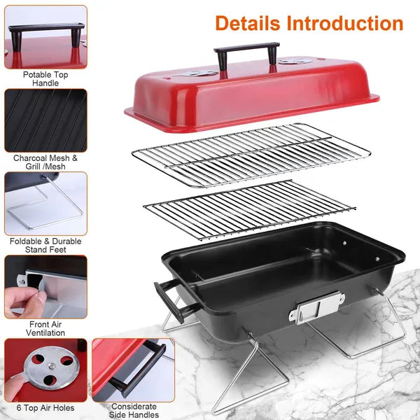 Portable Charcoal Grill Outdoor Tabletop Grill Small Barbecue Smoker Folding BBQ Grill With Lid For Backyard Camping Picnics Beach
