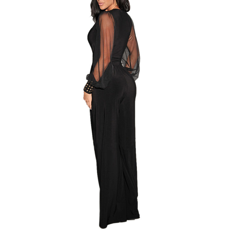 Women's Elegant V Neck Mesh Long Sleeve Loose Wide Leg Romper Party Jumpsuits With Rivet Cuffs