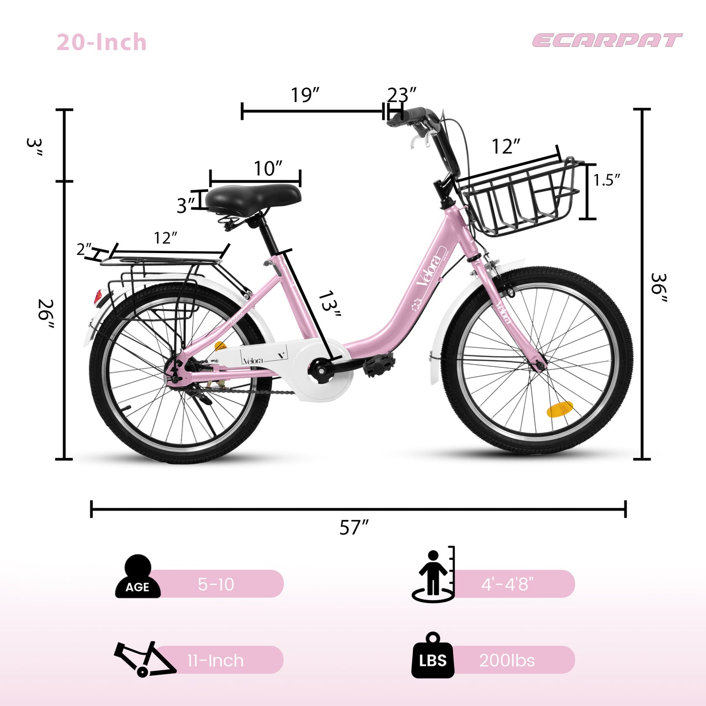 A20182 20 Inch Kids Bike For Boys & Girls, Children's Bicycle With Coaster Brake & V-Brake, 1-Speed, Chain Guard & Rear Rack, Lightweight Steel Frame Pink, Green, Purple, White