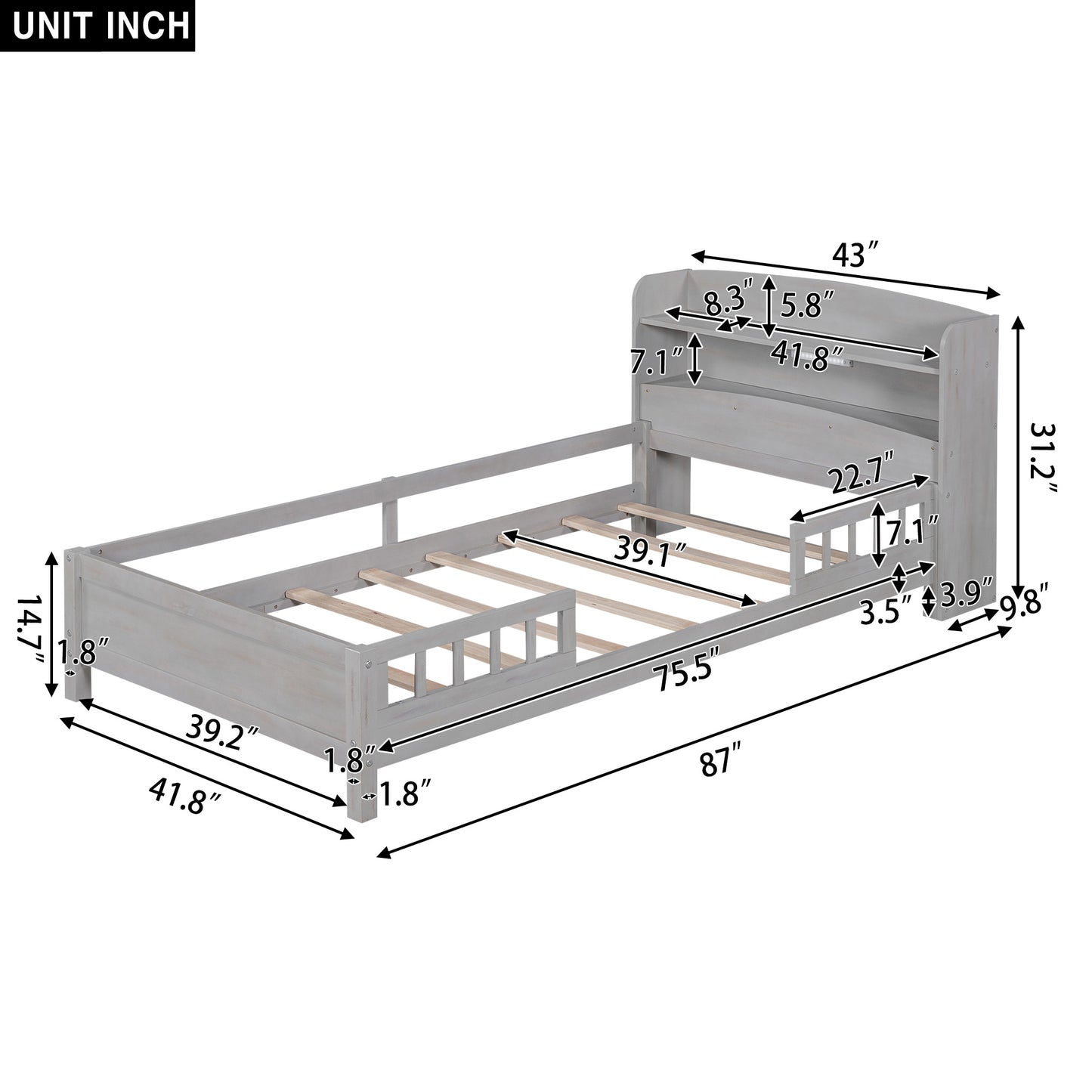 Wooden Double Platform Bed With Built-in LED Lights, Storage Headboard And Guardrails, Antique Grey