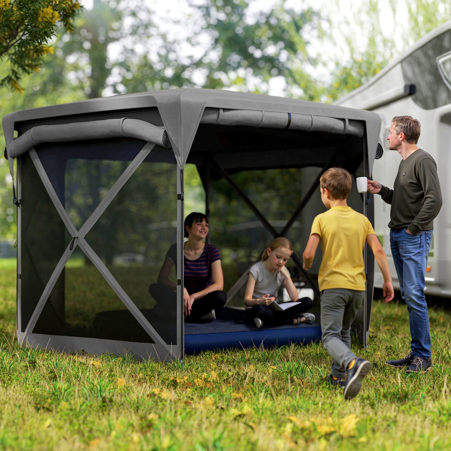 11 X 11ft  Up Gazebo Screen Tent With Removable Roof Cover, Roll-up Wind Panels For Camping, Backyard, Dark Gray