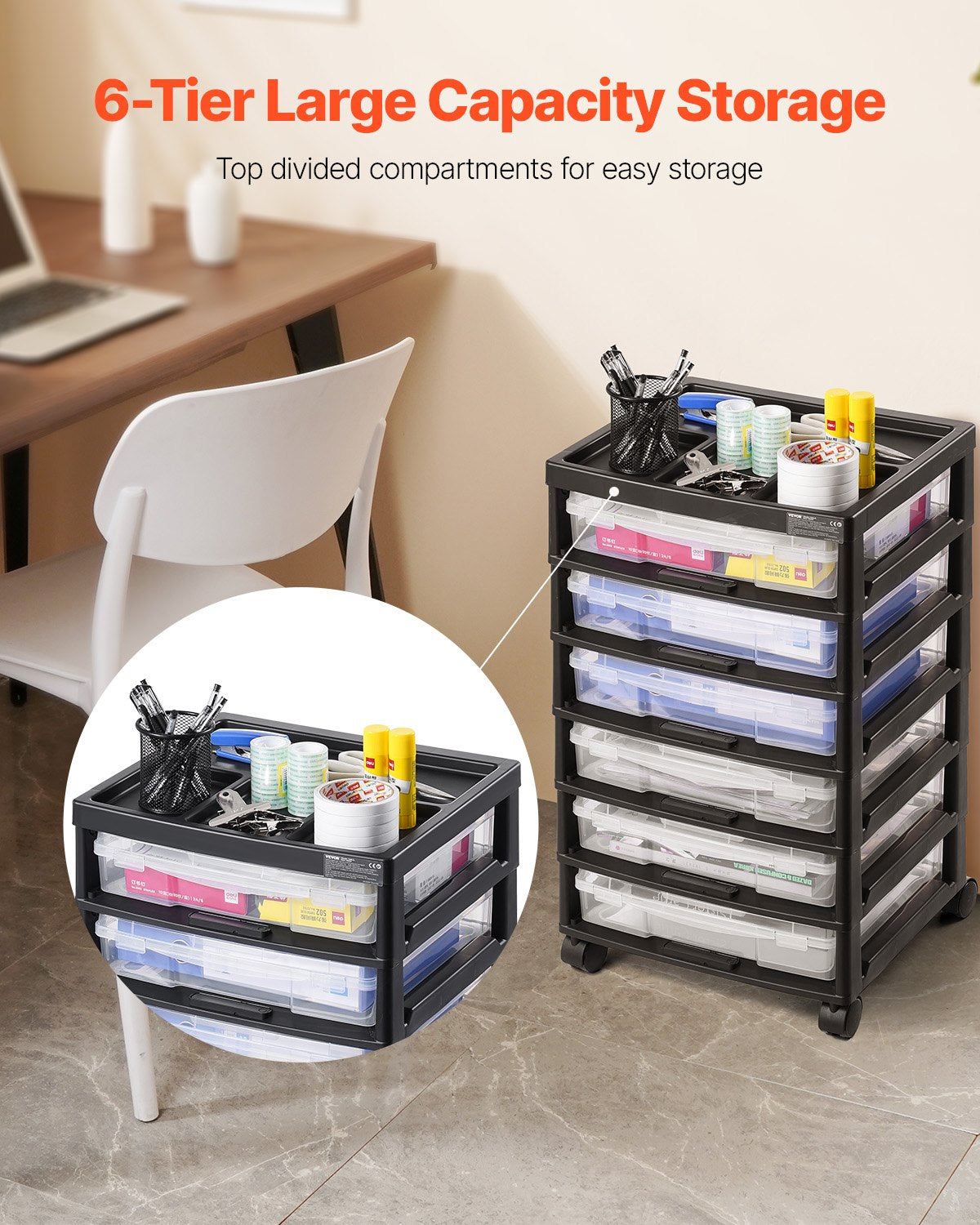 Scrapbook Rolling Storage Cart, 6-Tier Large Capacity With Organizer Top, Black Frame With 6 Clear Cases And 4 Removable Wheels, Storage Organizer Rolling Cart For Arts And Crafts Supplies