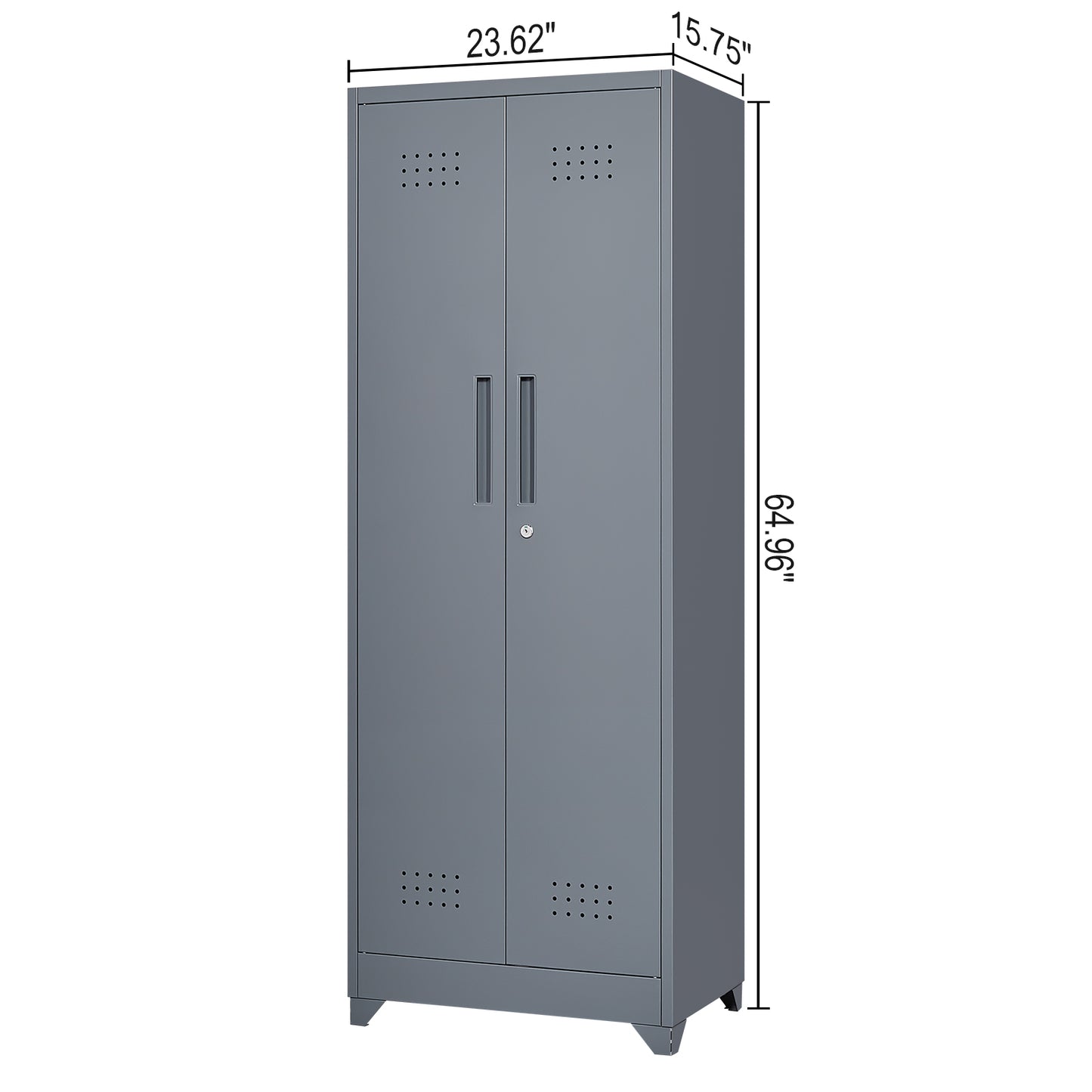 Broom Storage Cabinet With Locking Doors And Shelves, 65  H Metal Storage Cabinet With Hanging Rod & S-Hooks, Cleaning Tool Storage Cabinet Grey