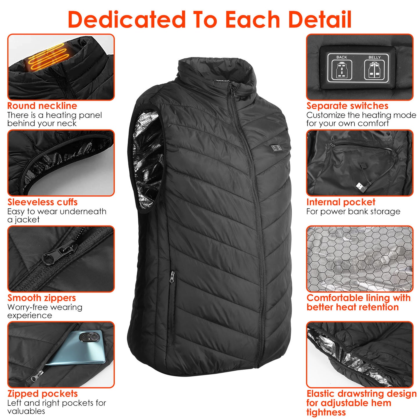 1Pc Heated Vest Electric USB Jacket Men Women Heating Coat Thermal Body Warmer Wear With 3 Temperature Levels