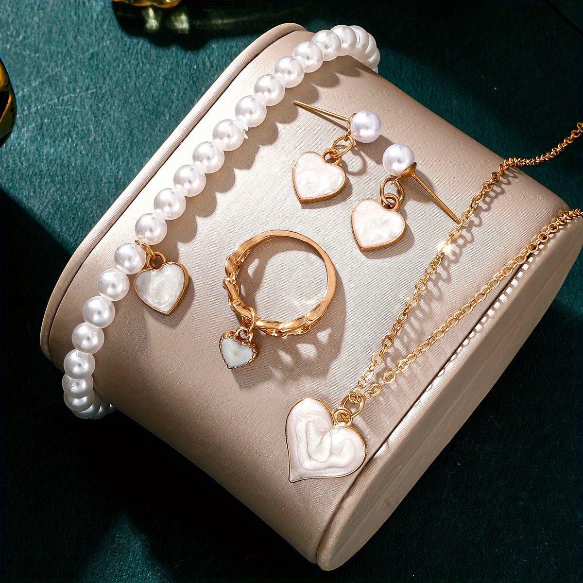 Girls Jewelry Cute All-match Oil Drop Heart Necklace Earrings Ring Bracelet Four-piece Set