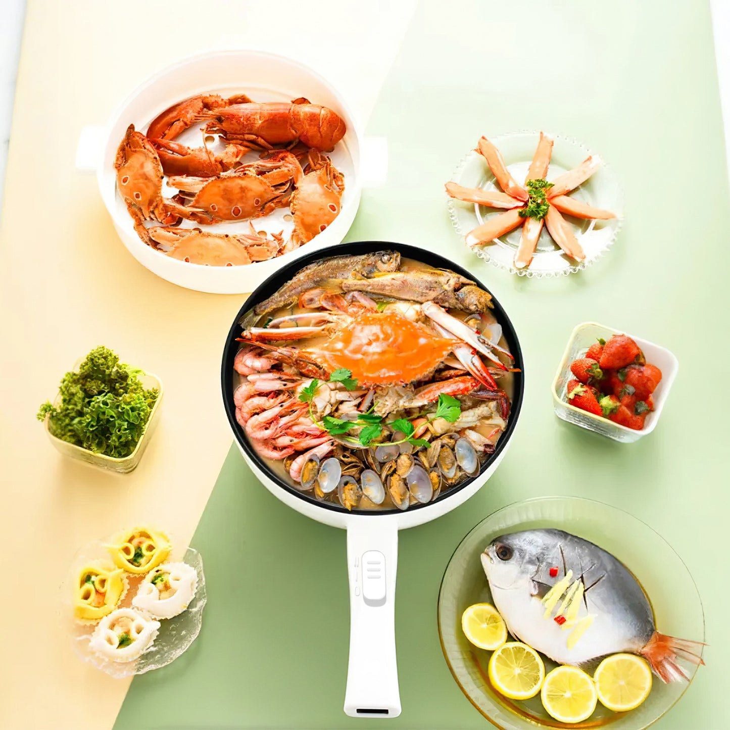 Electric Hot Pot Non-Stick Frying Pan Portable Rapid Noodles Cooker With Long Handle Steamer Spatula Dual Power Control Overheat Dry-Boil Protection For College Dorm Room Essential