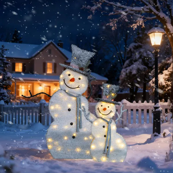 Set Of 2 Lighted Snowman With Top Hat Christmas Decorations, Pre-lit 2D Holiday Decor With 80 Warm White LED Lights For Xmas Outdoor Indoor Decor Lighted Holiday Displays