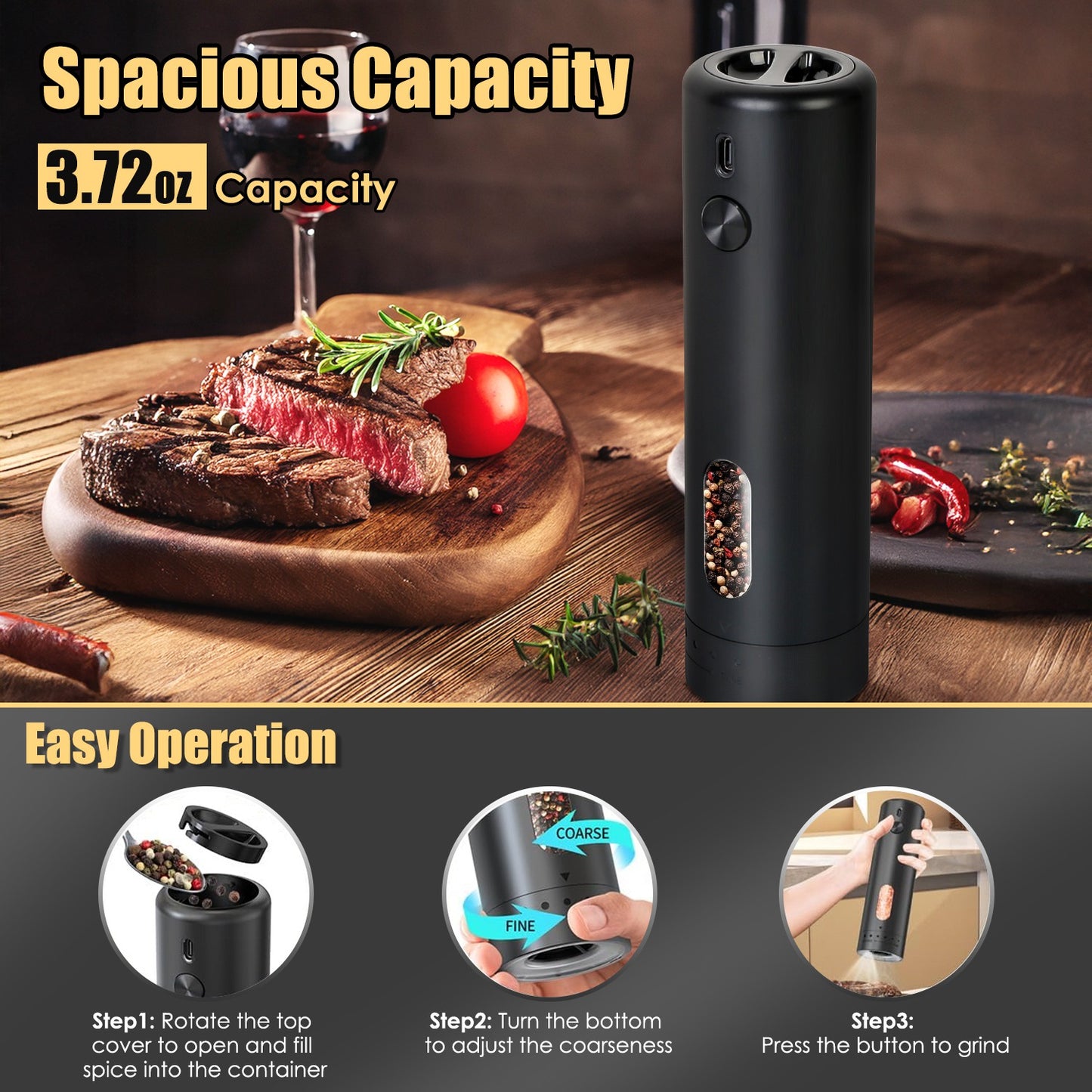 1Pc  Electric Pepper Grinder USB Rechargeable Pepper Mill Automatic Salt Grinder With 6 Adjustable Coarseness LED Light 110ML Container One Hand Operation For Kitchen Essential