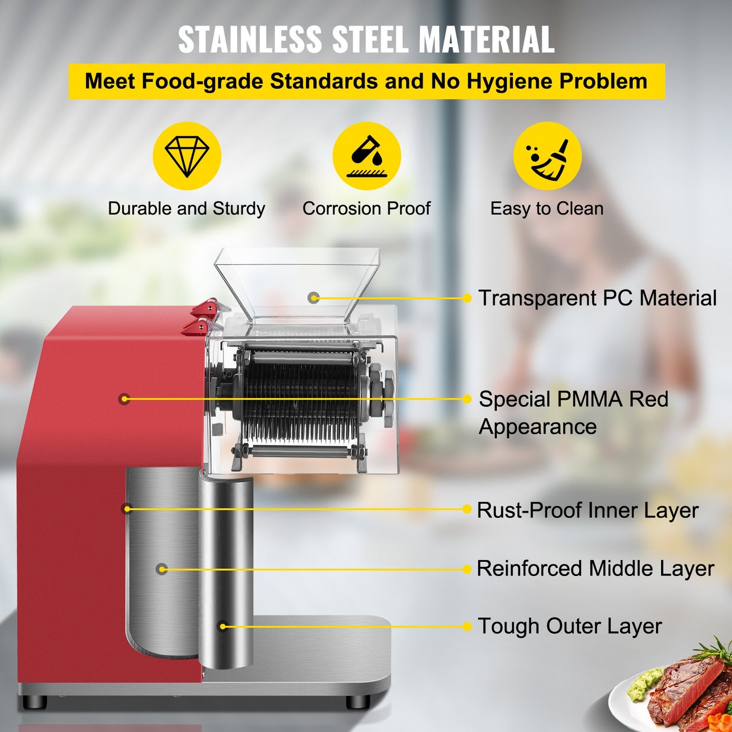 Commercial Meat Cutting Machine, 551 Lbs/H 850W Meat Shredding Machine, 3.5mm Blade Electric Meat Cutter, Stainless Steel Restaurant Food Cutter, For Kitchen Supermarket Lamb Beef Chicken, Red