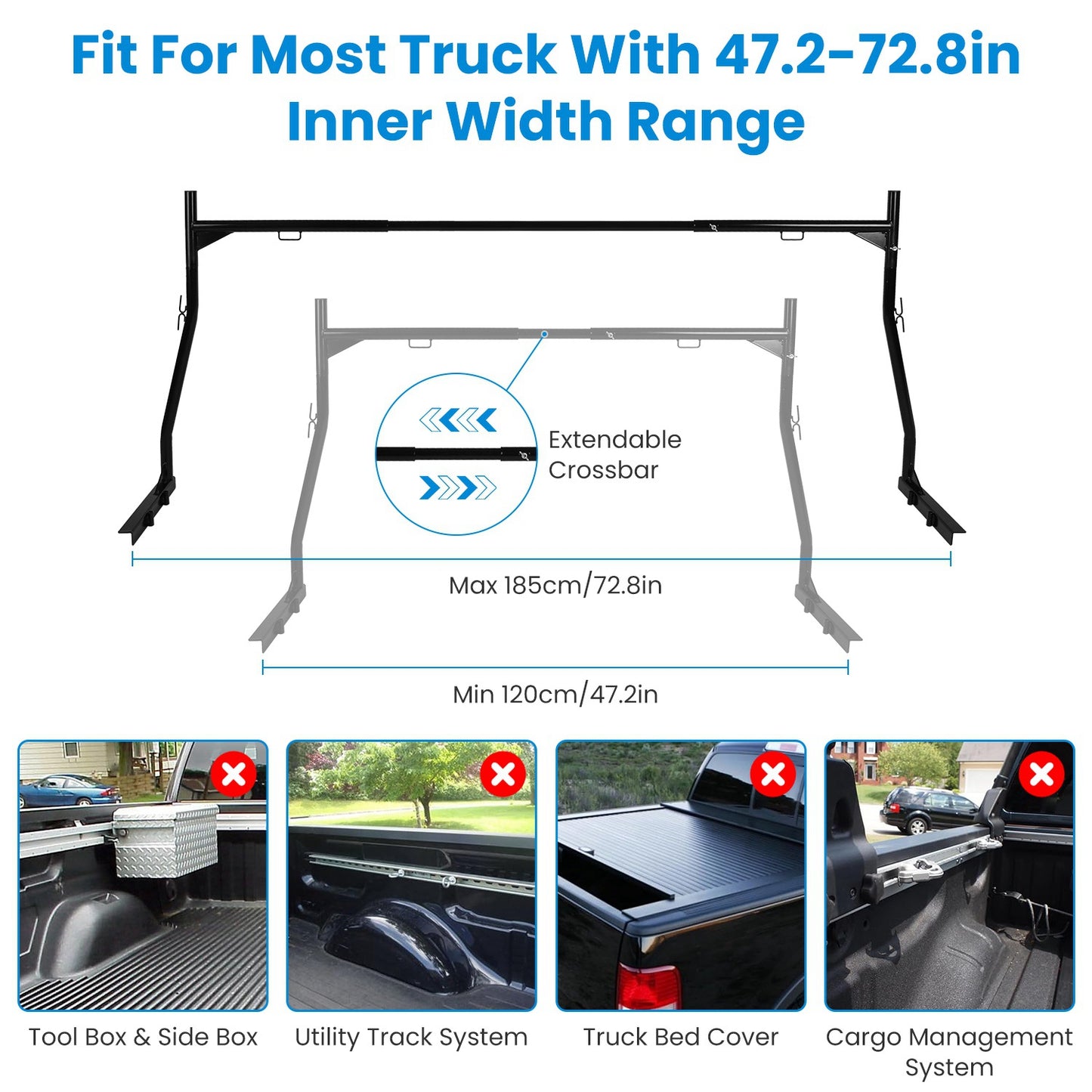 1Pair Extendable Truck Ladder Rack Non-Drilling Pick-up Truck Bed Utility Rack Adjustable Steel Truck Rack With 800LBS Capacity For 47.2-72.8in Wide Truck Bed For Kayak Surfboard