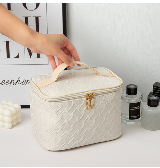 White Premium Large CapacityPortable Travel Makeup Bag, Multi-functionalCosmetic Organizer, Stain-resistant, HandheldSquare Bag