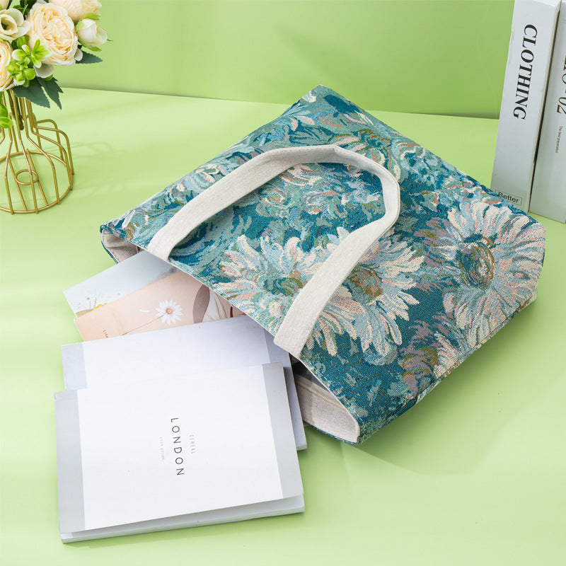 Large Capacity Embroidered Vintage Tote Bag - Sunflower Floral Monet-Garden Design