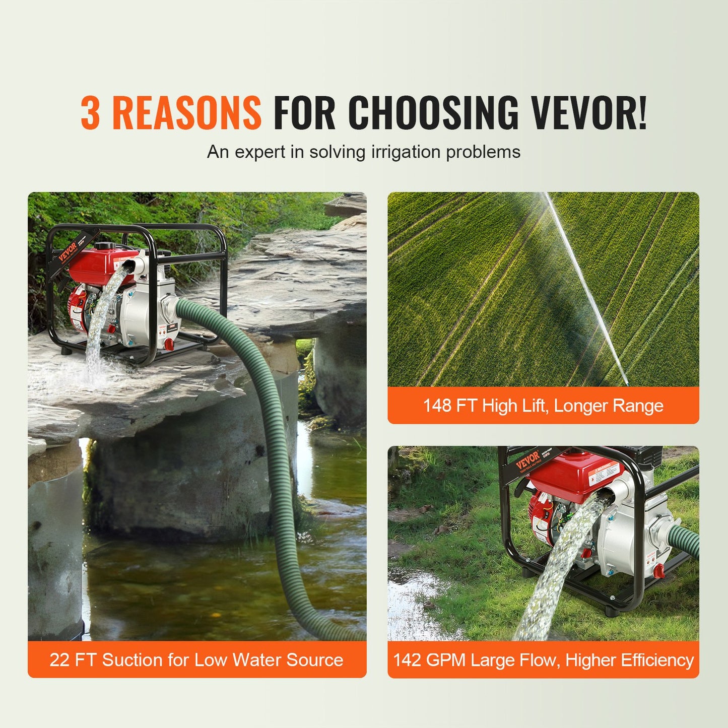 Gasoline Engine Water  2-inch, 7HP 142 GPM, 148ft Lift, 22ft Suction, 4-Stroke Gas Powered Trash Water Transfer  Portable High Pressure With 25ft Hose For Irrigation Pool, EPA Certified