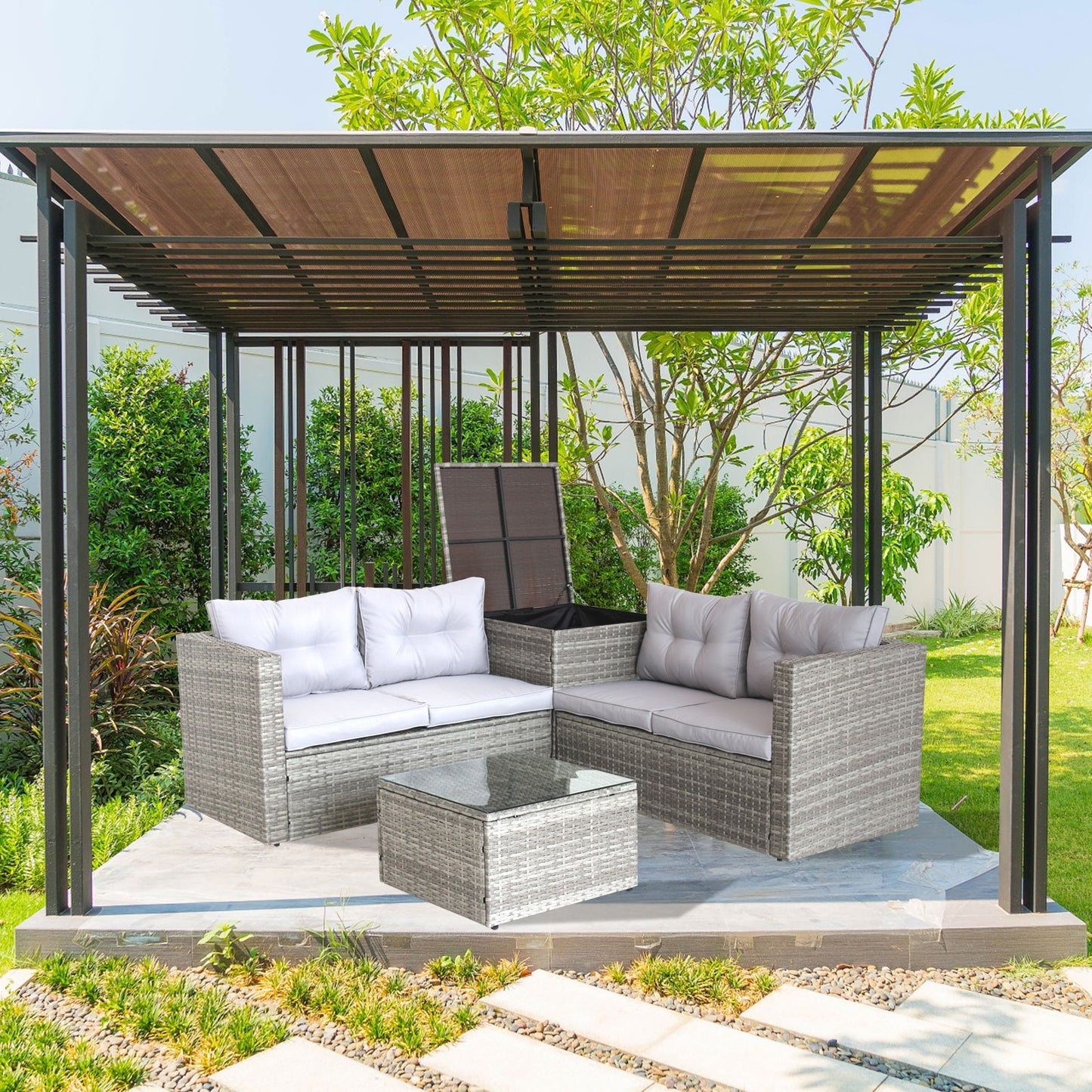 4Pc Patio Sectional Wicker Rattan Sofa Set W  Storage Box Grey
