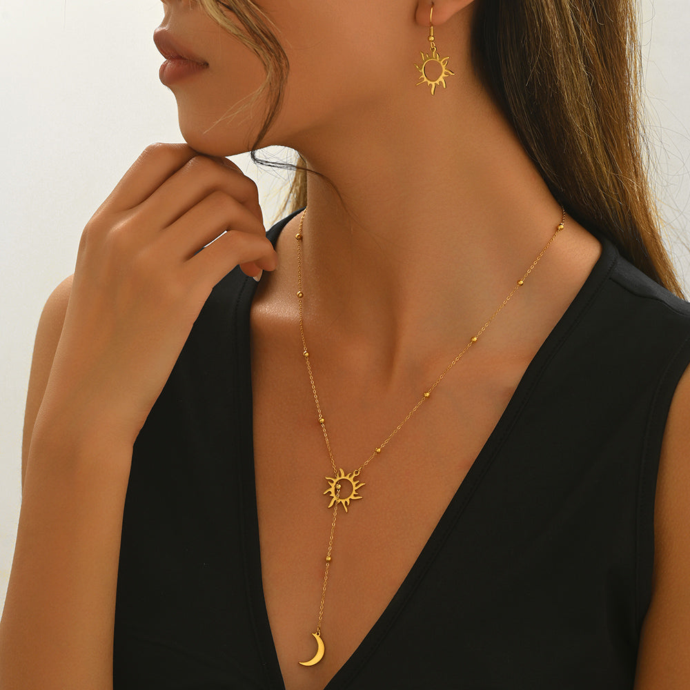 Lxalry 18K Gold Plated Stainless Steel Sun And Moon Pendant Necklace And Hoop Earrings Set For Women - Waterproof Hypoallergenic Jewelry Gift For Birthday Summer Wedding Daily Wear