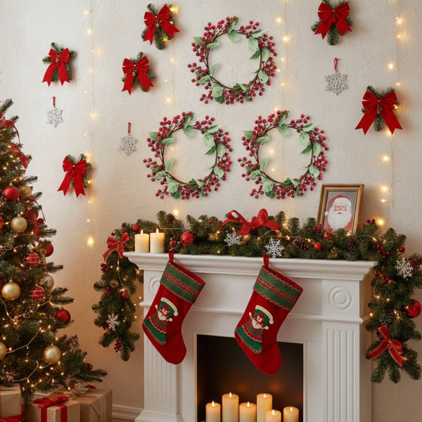 3PCS Set Christmas Door Wreath With Pine Cones & Greenery 13 Red Berry Holly Wreath For Holiday Home Decor FBA Shipment