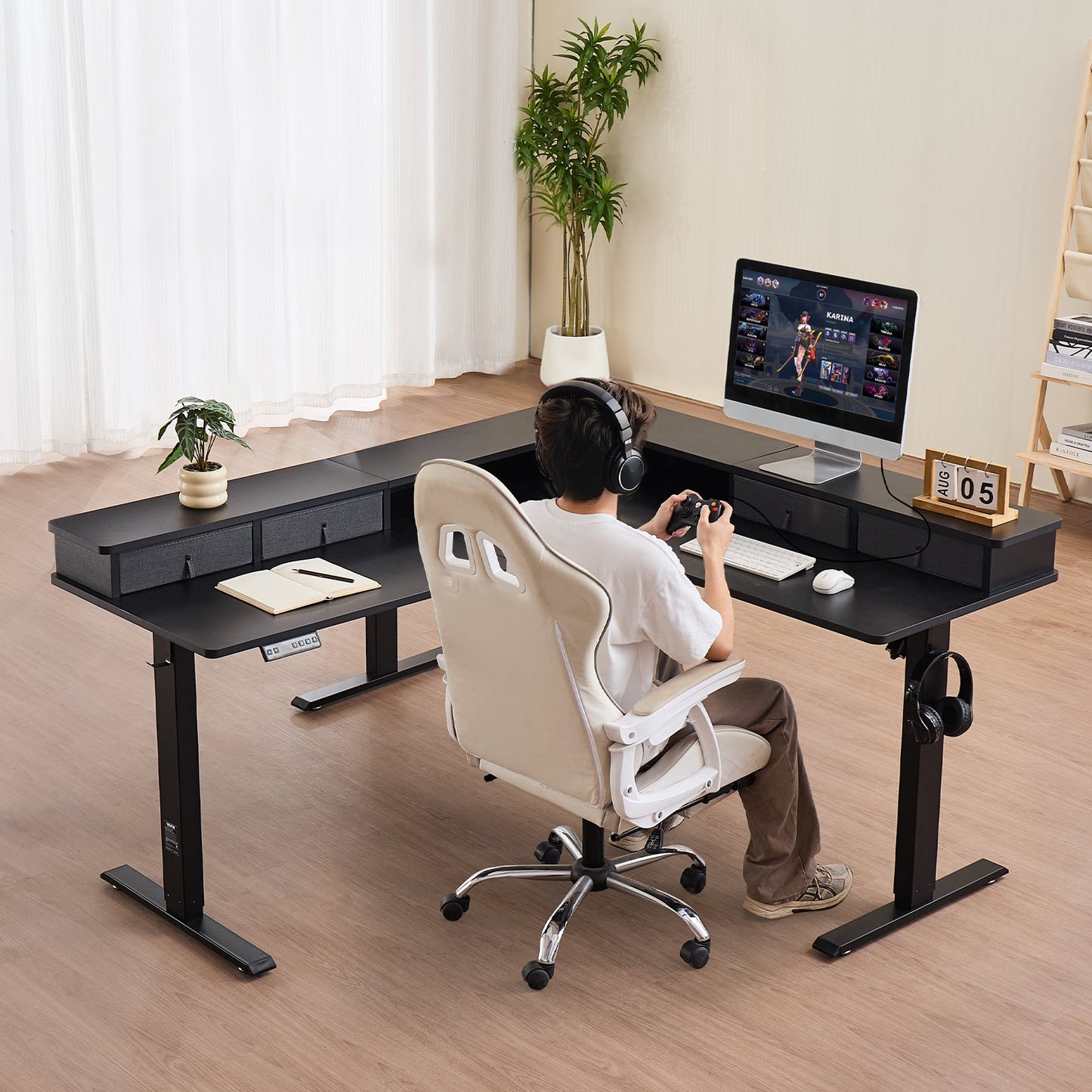 L Shaped Desk Electric Adjustable Height Corner Gaming Desk With Drawers