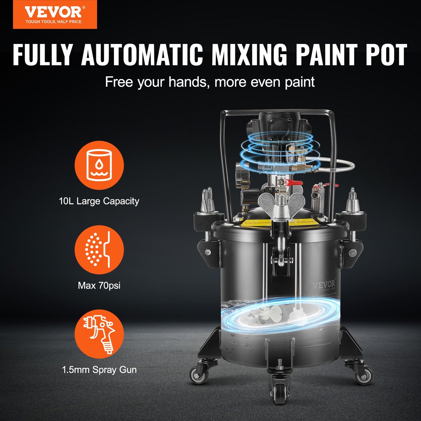 Spray Paint Pressure Pot, 10 L/2.5 Gal Fully Automatic Stirring Pressure Pot Tank, 70 Psi Adjustale Pressure, Pressure Pot Paint Tank With Spray Gun And Hoses, For Home Decor Industry Painting