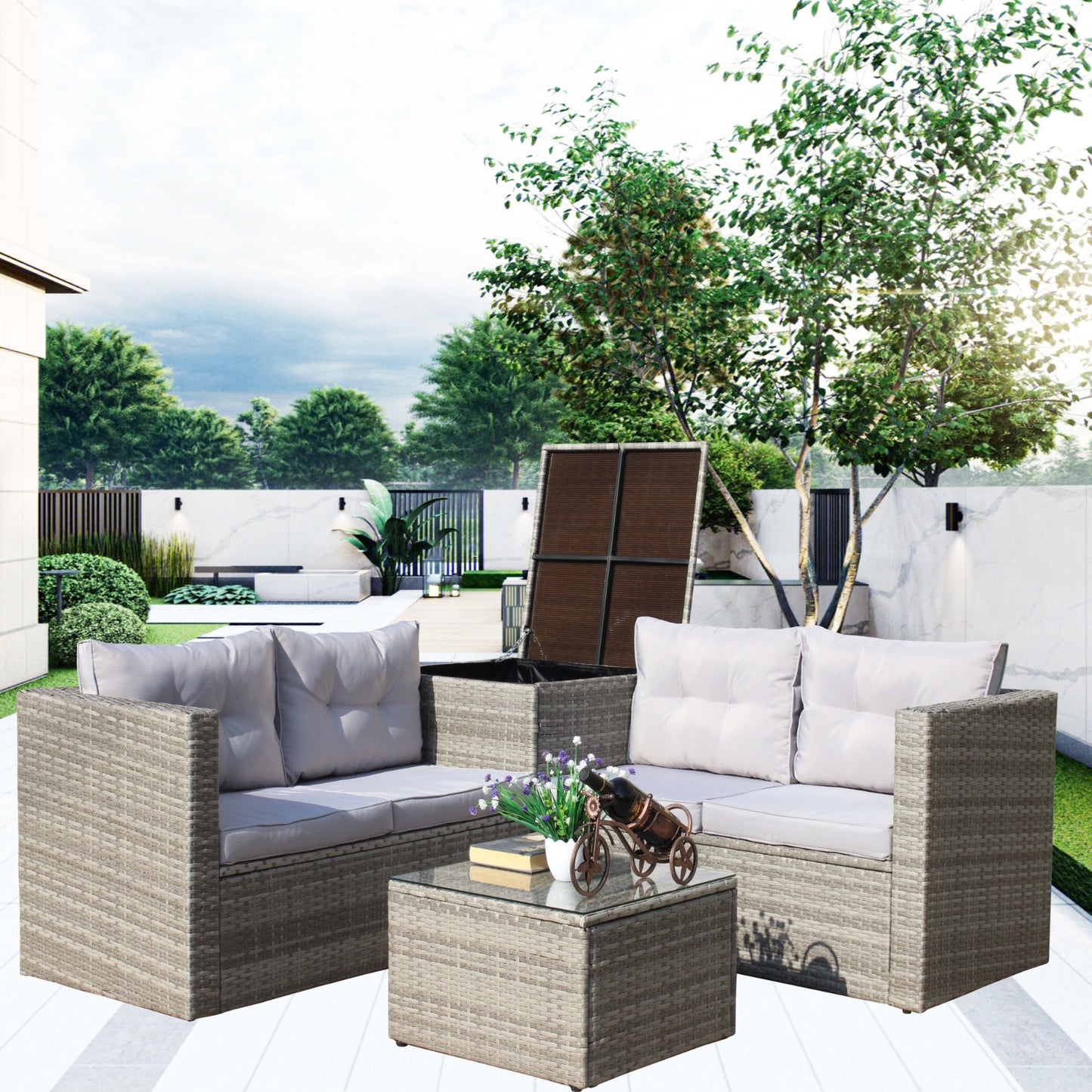 4Pc Patio Sectional Wicker Rattan Sofa Set W  Storage Box Grey