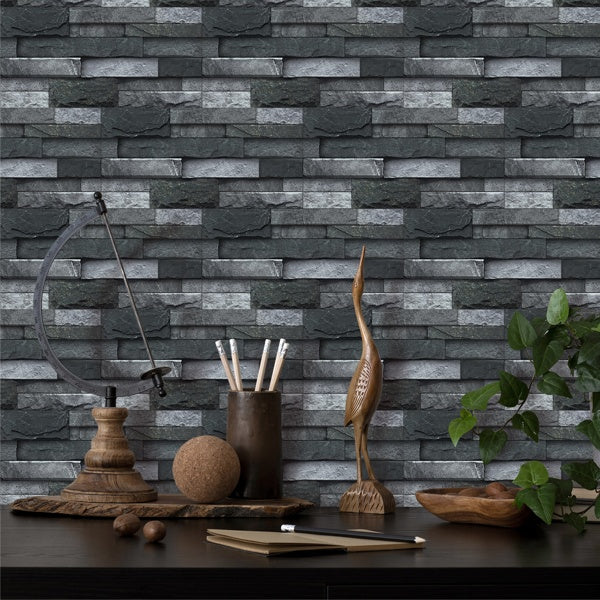 Black Gray Stone Tile Peel And Stick Wallpaper Home Decoration Waterproof Self-Adhesive Wallpaper For Bathroom Kitchen Living Room Splash-proof Removable No Glue Required Easy To Install