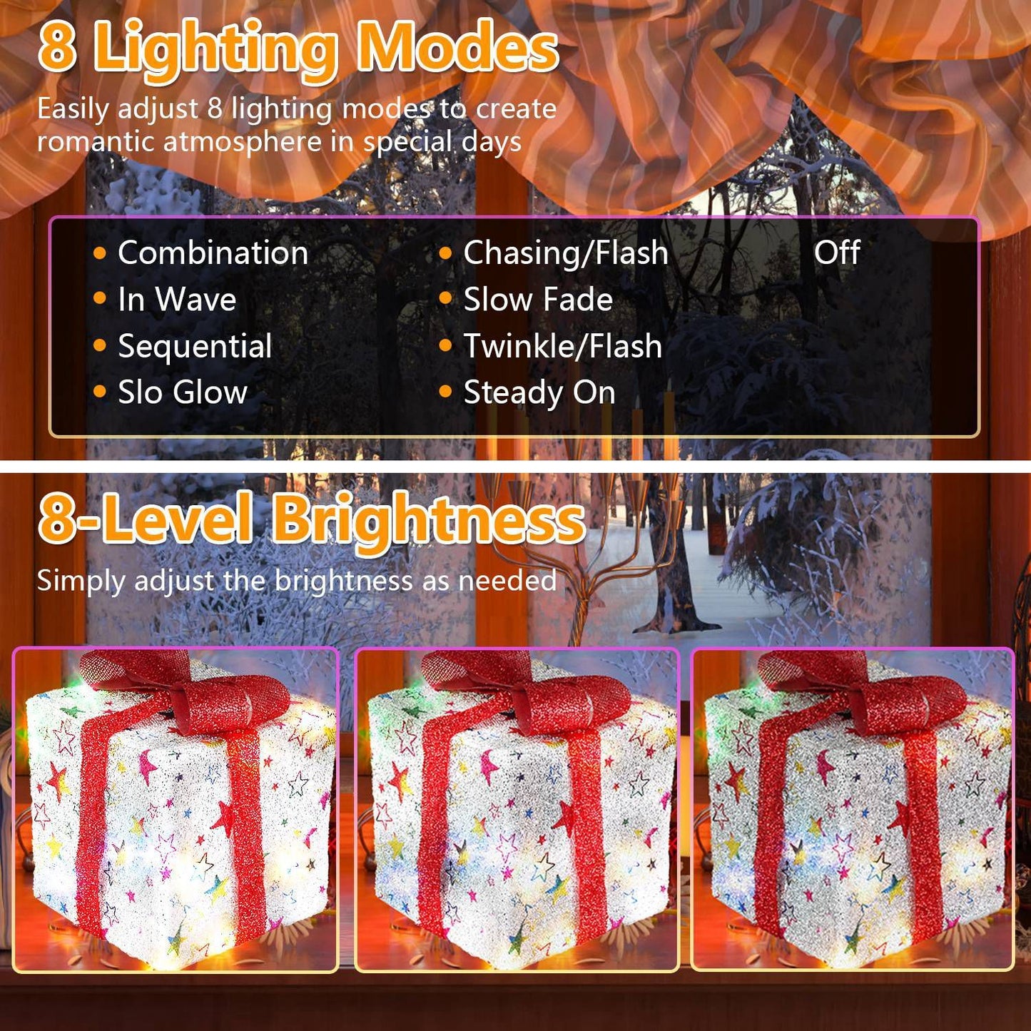 Star-Deer Pattern Options -- Set Of 3 Christmas Lighted Gift Boxes Xmas Present Ornament 50 LED Christmas Box Decorations With Ribbon Bows IP44 Waterproof Battery Powered For Indoor Outdoor Decor
