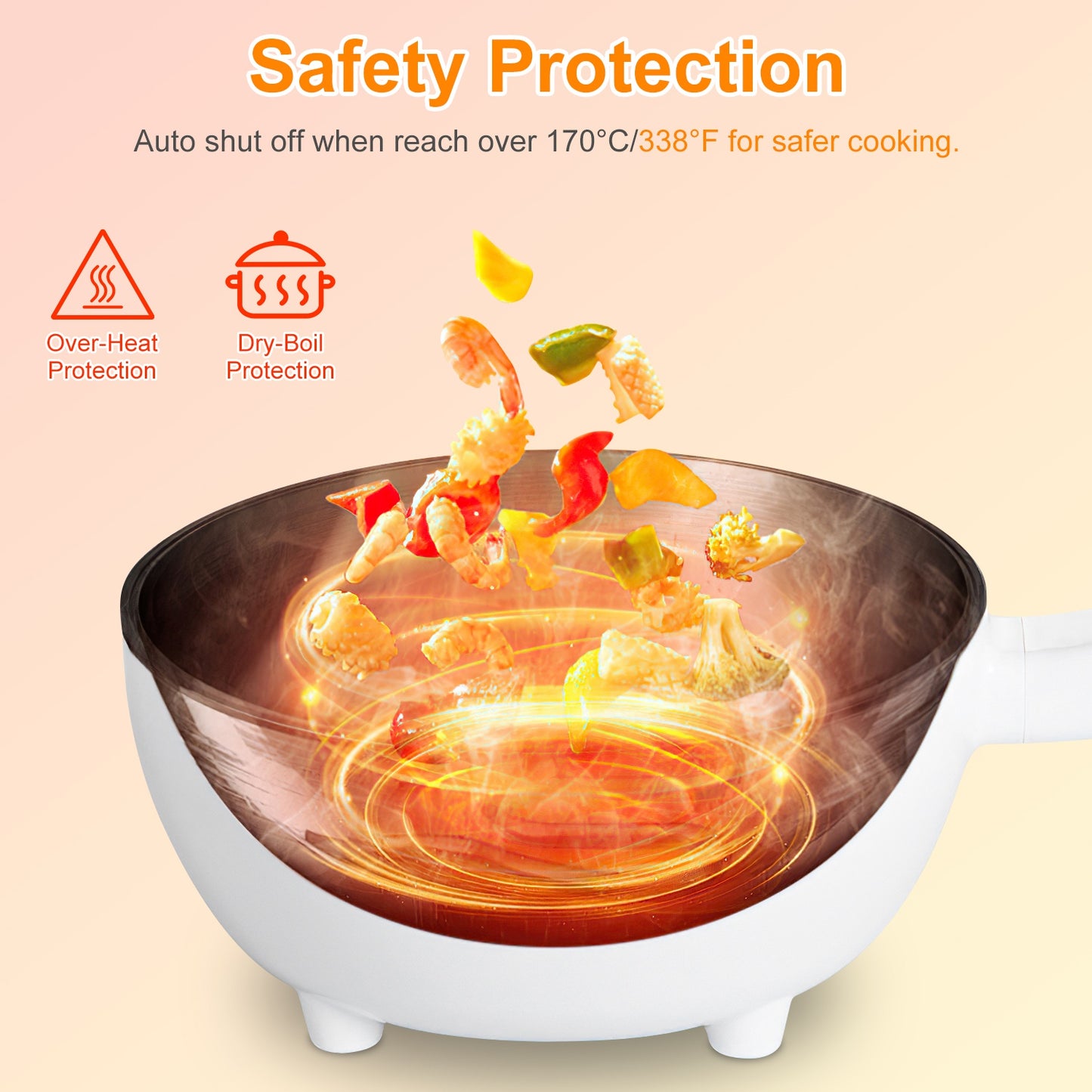 Electric Hot Pot Non-Stick Frying Pan Portable Rapid Noodles Cooker With Long Handle Steamer Spatula Dual Power Control Overheat Dry-Boil Protection For College Dorm Room Essential