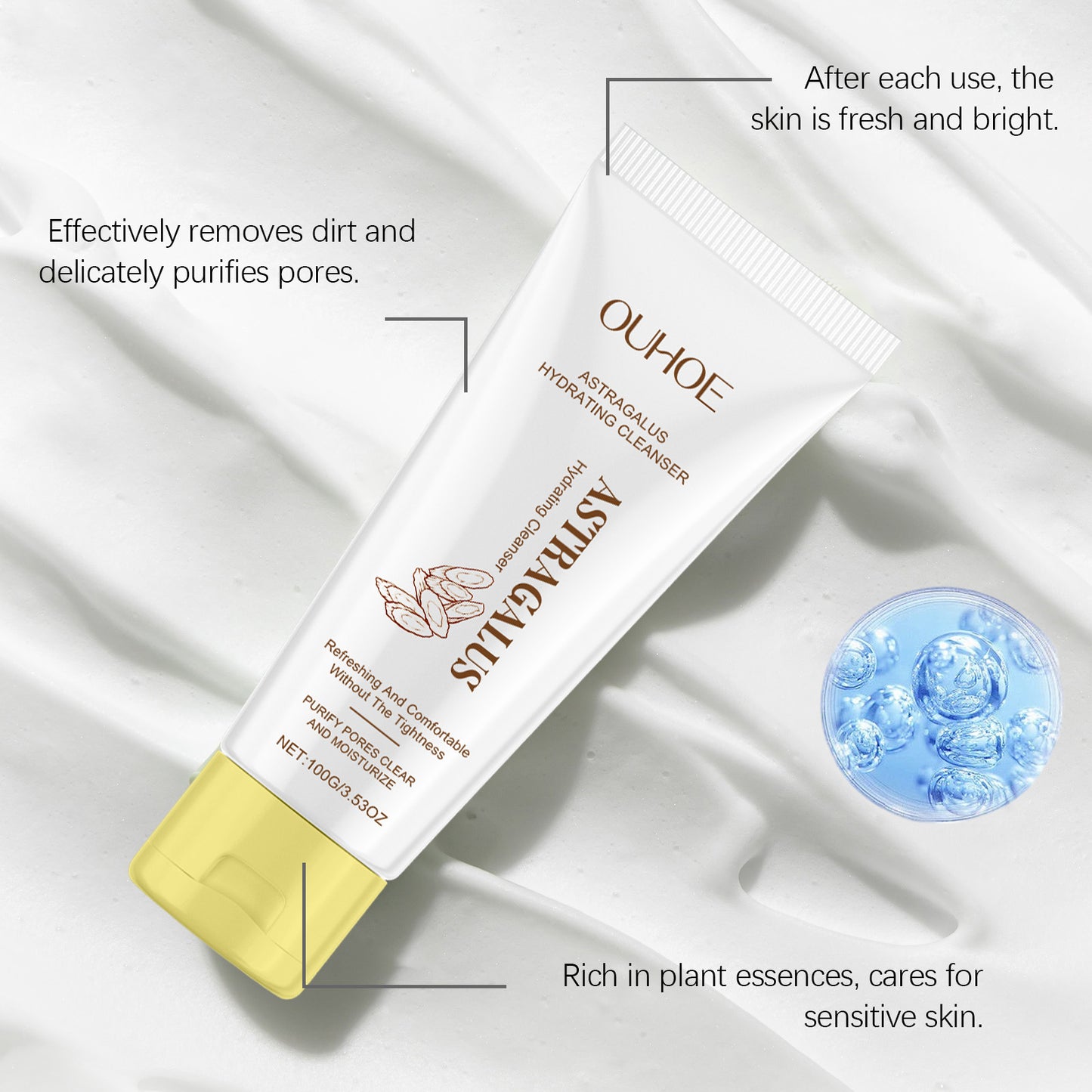 OUHOE Astragalus Cleanser, Gently Cleanses Facial Skin With Refreshing, Moisturizing And Hydrating Facial Cleanser