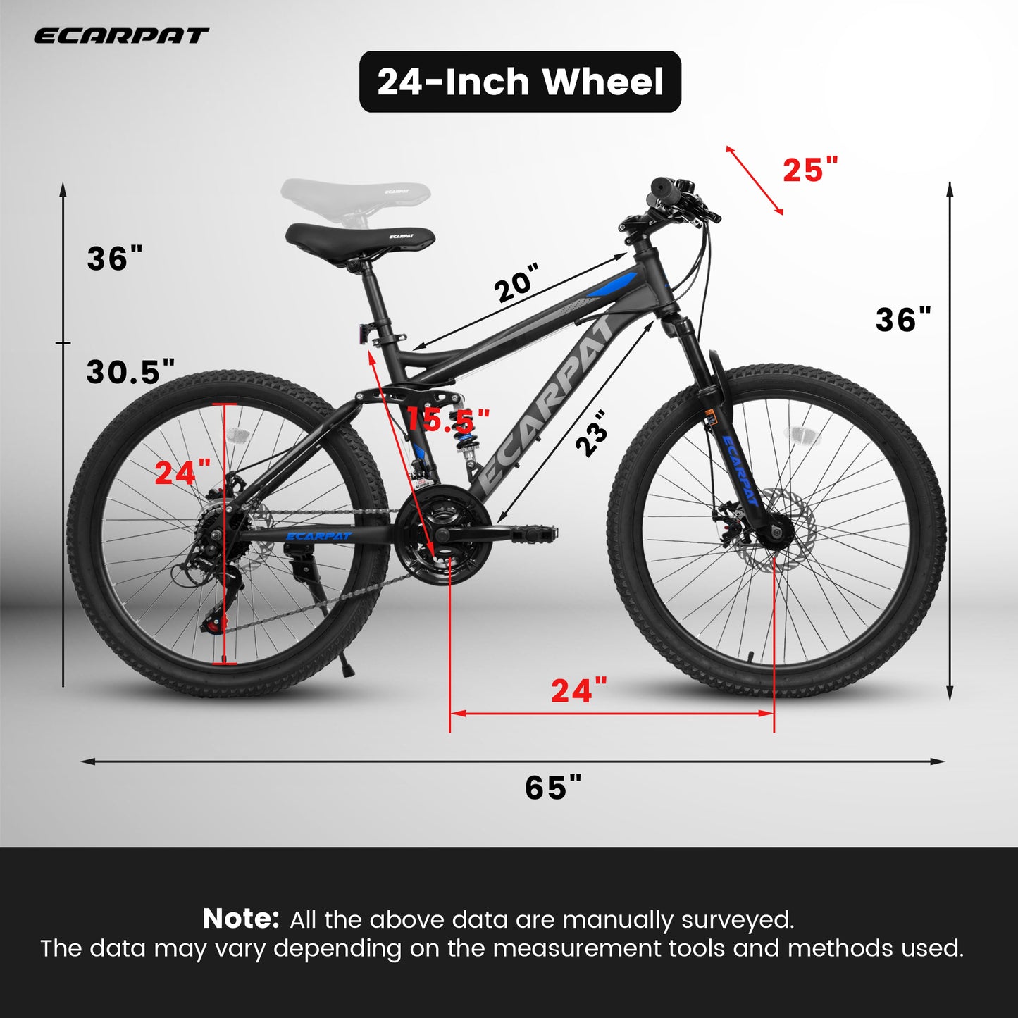 A2460 24 Inch Mountain Bike With Full Suspension, 21 Speed Shifter Lever With Gear Indicator, High Carbon Steel Frame, Mechanical Disc Brakes, Unisex For Men Women Adults, Ideal For Trails.