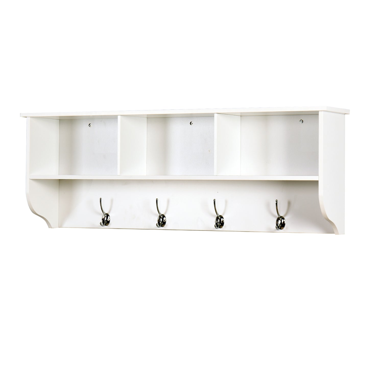 White Entryway Coat Rack With 4 Hooks & Wooden Storage Shelf For Living Room