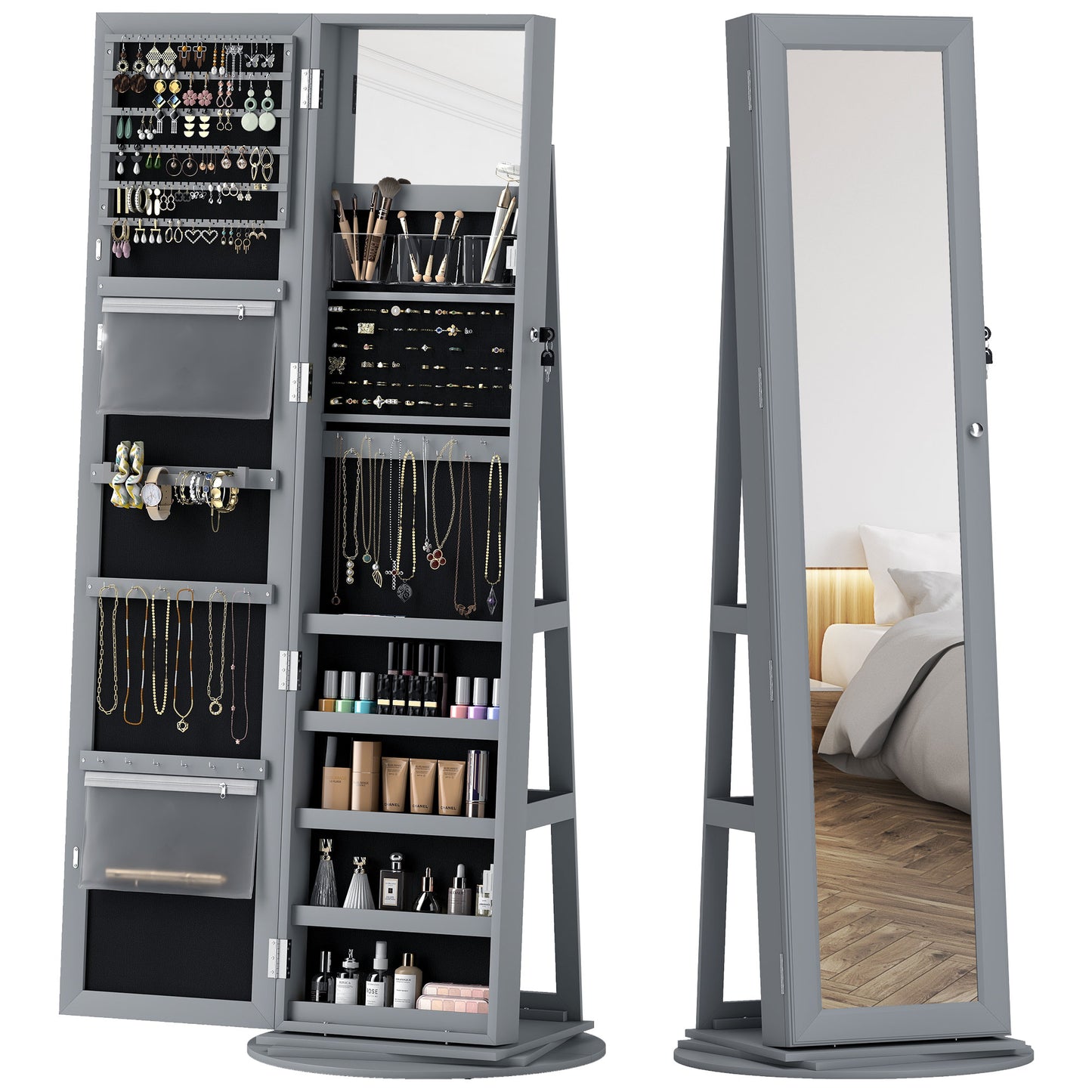 360° Swivel Jewelry Armoire, Lockable Jewelry Cabinet with Full-Length Mirror, Storage Shelves, Gray