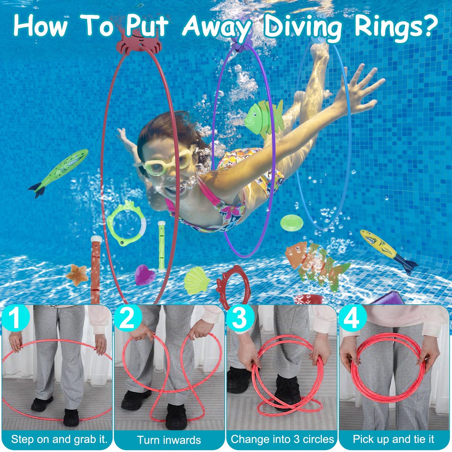 Set Of 24Pcs Diving Toys Swimming Pool Toys Swim Toys For Kids Above Aged 3 Years Old Swim Thru Rings Torpedoes Gems Volleyball Storage Bag