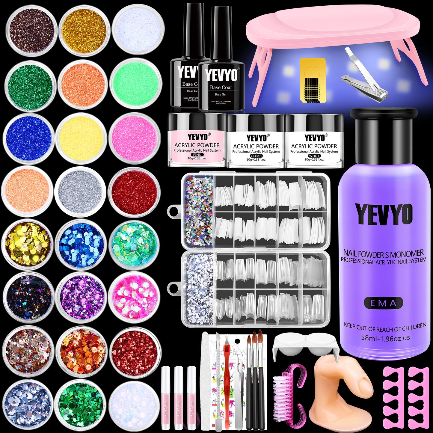 Professional Acrylic Nail Kit, With Pink Nail UV LED Lamps, Acrylic Powders,  Base Top Coat, Nail Tips, Rhinestones, Nail Decorations And Nail Art Tools