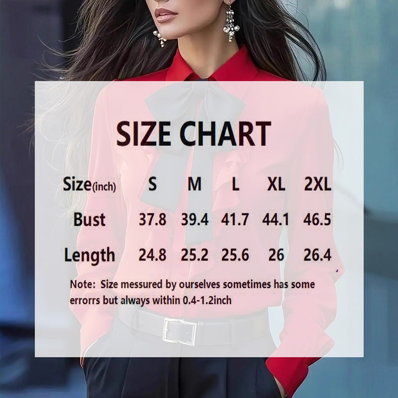 Women's Elegant Ruffle Trim Blouse With Black Bow Tie, Long Sleeve Office Shirt For Spring & Fall