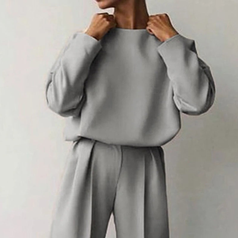 Women's Solid Color 2-Piece Set Round Neck Long Sleeve Top & Pleated Pants Loungewear For Spring & Fall