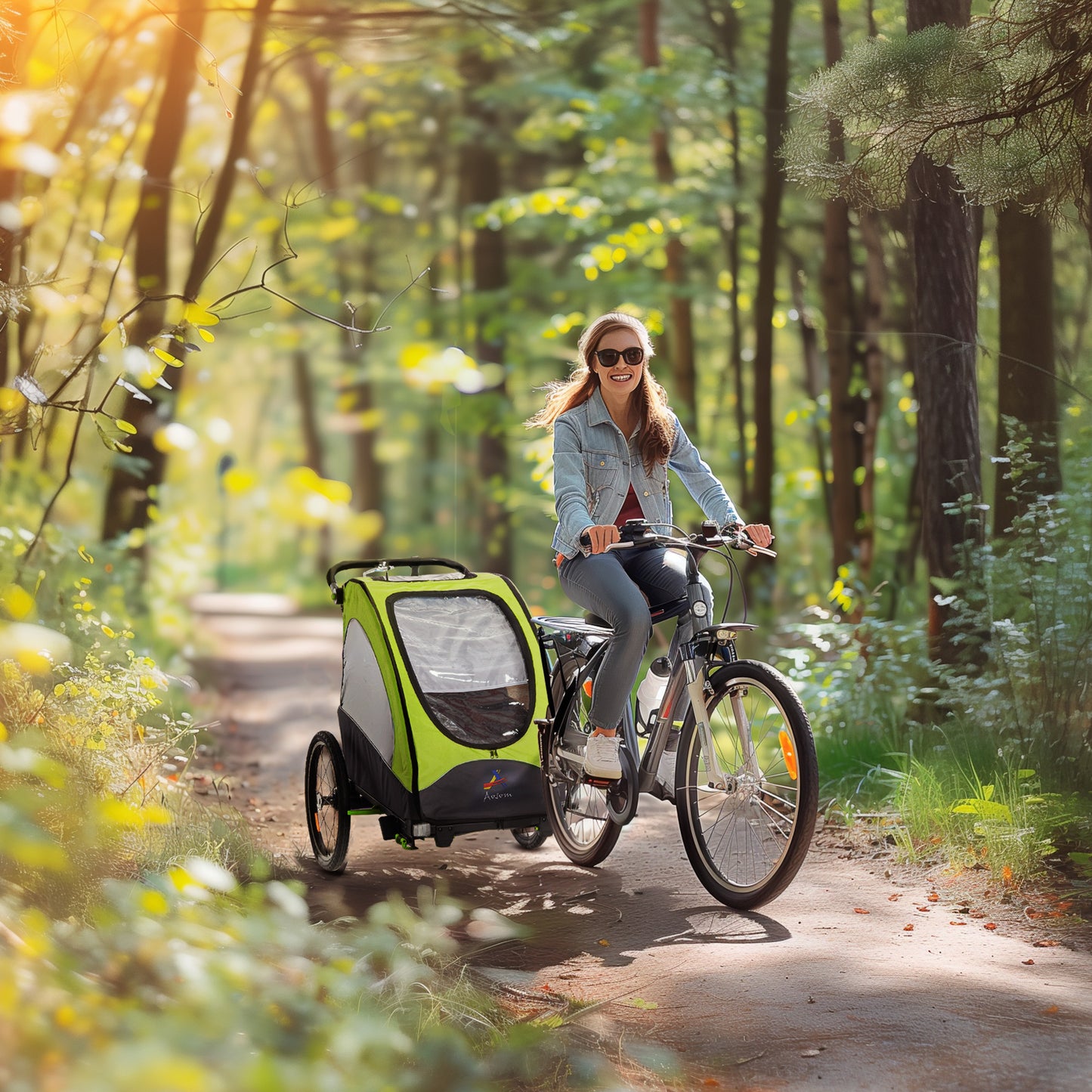 Bike Trailer for Kids 3 In1 Foldable Child Jogger Stroller Baby Stroller Transport Carrier with Shock Absorber System Rubber Tires Adjustable Handlebar Kid Bicycle Trailer Green and Gray