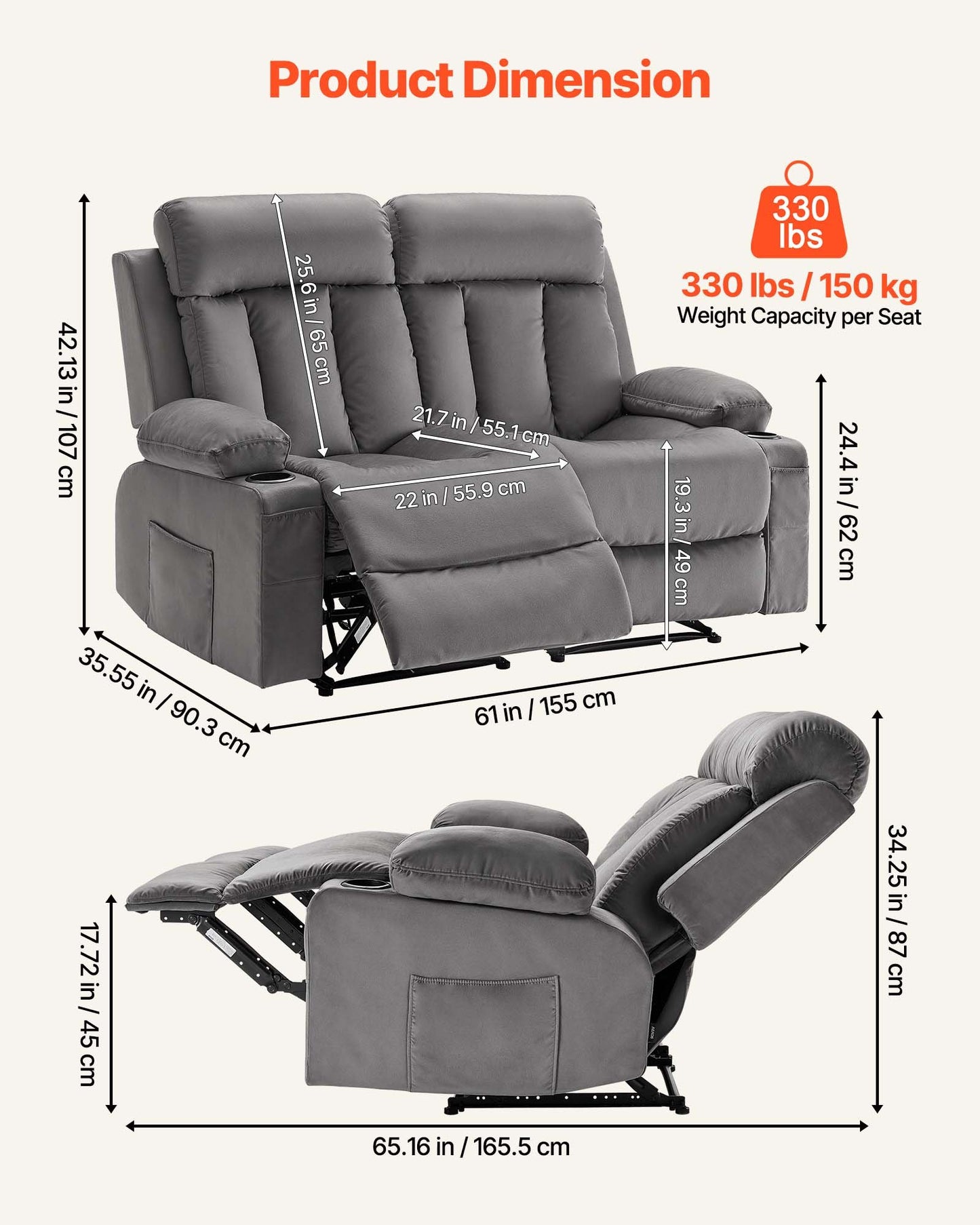 Loveseat Recliner Sofa, Power Reclining Couch With Heating And Massage, Soft Velvet Electric Recliner Sofa With USB Ports, Cup Holders AndSideBags, Dual Loveseat Chair For Living Room, Grey