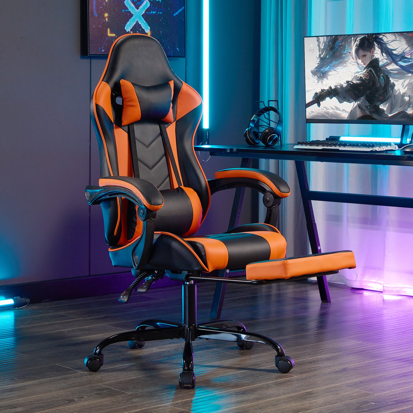 Gaming Chair With Footrest, Ergonomic Computer Chair With Headrest And Lumbar Support, Breathable Material Height Adjustable Video Game Chairs For Adults, Black Orange