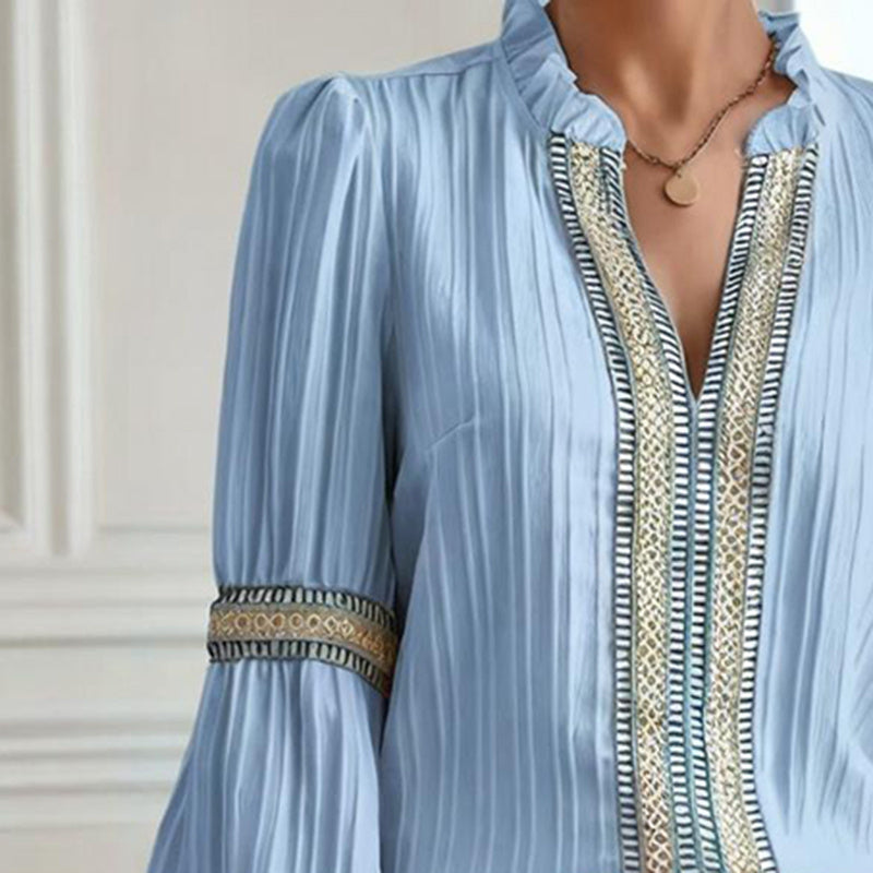 Boho Chic Colorblock Top, Women's Patchwork Blouse With V Neck And Lantern Sleeves