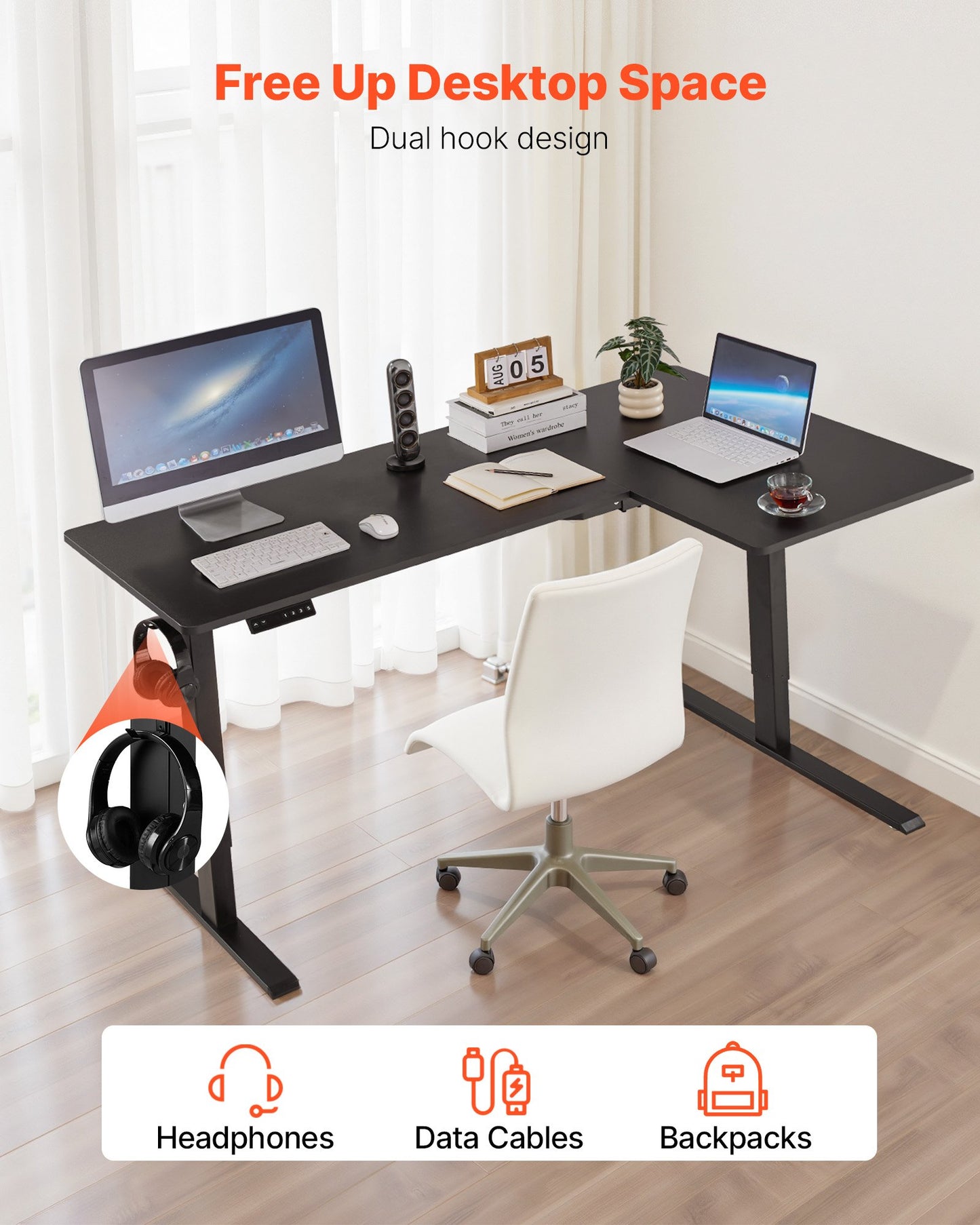 L Shaped Desk Electric Adjustable Height Corner Gaming Desk With 2 Hooks